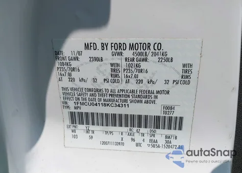 2008 Ford Escape Limited из США, поврежденный, VIN 1FMCU04118KC34311